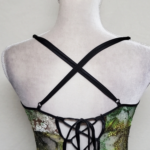 80s Rare Vintage Surprise Parties Green Tie-Dye Sheer Lace Lace-up Bustle Dress - Picture 11 of 16